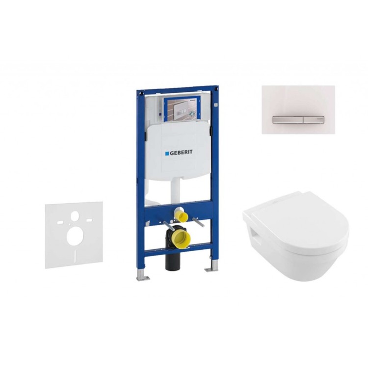 Tualetes poda komplekts Geberit Duofix rāmis ar Villeroy & Boch Rimless podu ar SoftClose Vāku, Sigma50 Balta poga Tualetes poda komplekts Geberit Duofix rāmis ar Villeroy & Boch Rimless podu ar SoftClose Vāku, Sigma50 Balta poga