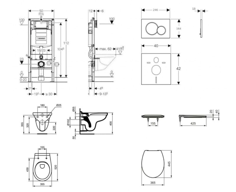 Комплект для унитаза Geberit Duofix с рамой и Rimfree унитазом Alpha с крышкой SoftClose, кнопка Sigma01 Chrome