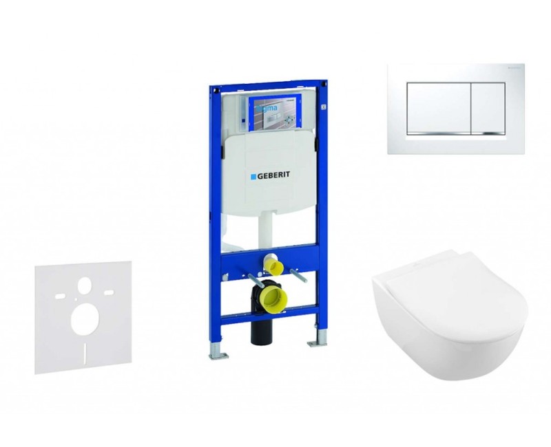 Tualetes poda komplekts Geberit Duofix rāmis ar Villeroy & Boch podu, SoftClose vāku, ar Baltu/Hromētu pogu Sigma30 pogu