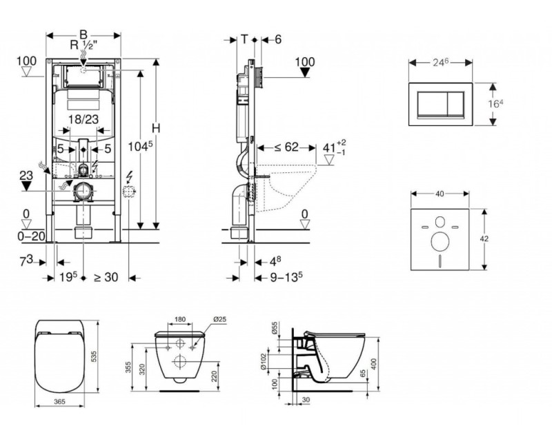 Комплект для унитаза Geberit Duofix с рамой Ideal Standard Tesi Aquablade Rimless с крышкой SoftClose, кнопка Sigma30 матовый хром