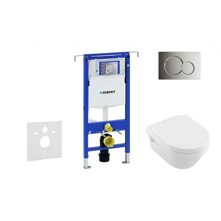Tualetes poda komplekts Geberit Duofix rāmis ar Villeroy & Boch Rimless podu ar SoftClose Vāku, Sigma01 Hromēta poga