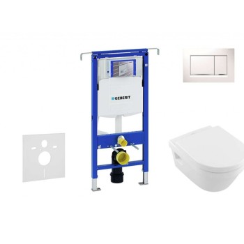 Tualetes poda komplekts Geberit Duofix rāmis ar Villeroy & Boch Rimless podu ar SoftClose Vāku, Sigma30 Balta/Hromēta poga