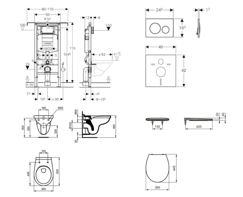 Комплект для унитаза Geberit Kombifix с рамой и унитазом Alpha Rimless с крышкой SoftClose, кнопка Sigma20 White/Chrome