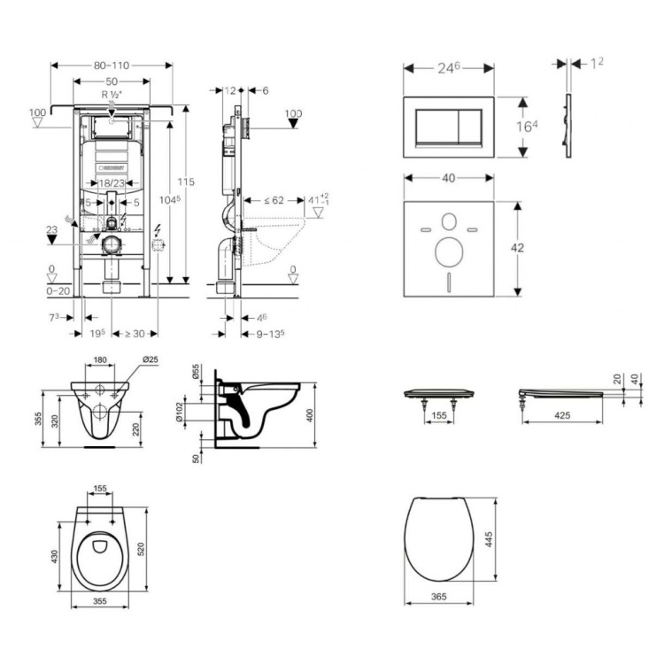Tualetes poda komplekts Geberit Duofix rāmis ar Alpha Rimless podu ar SoftClose Vāku, Sigma30 Matēta Hroma poga