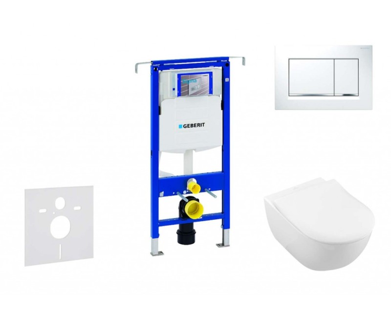 Tualetes poda komplekts Geberit Duofix rāmis ar Villeroy & Boch podu, SoftClose vāku, ar Baltu/Hromētu pogu Sigma30 pogu