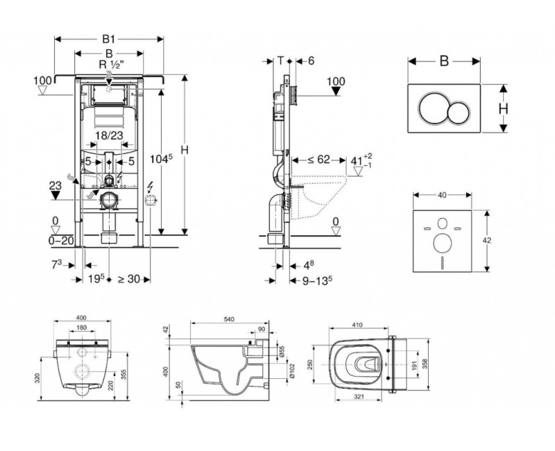 Комплект для унитаза Geberit Duofix с рамой и Rimfree унитазом Tece One с функцией биде, крышкой SoftClose, кнопкой Sigma01 White