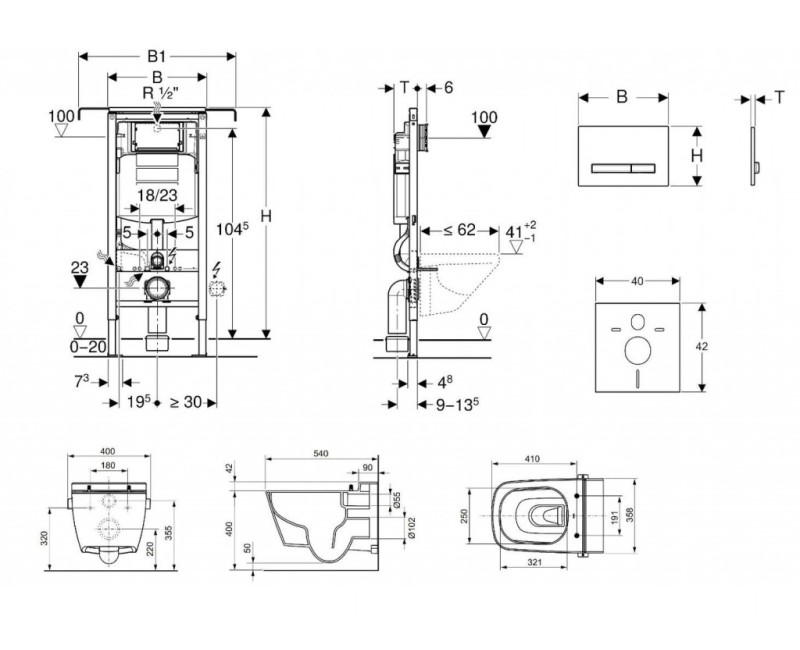Комплект для унитазаGeberit Duofix с рамой и Rimfree унитазом Tece One с функцией биде, крышкой SoftClose, кнопкой Sigma30 Chrome