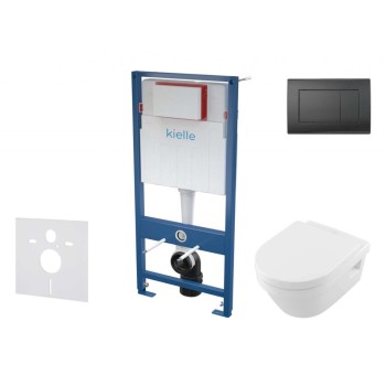 Tualetes poda komplekts Kielle Genesis rāmis ar Villeroy & Boch Architectura podu, SoftClose vāku, ar Melnu Gemini IIIL pogu 11AK5102