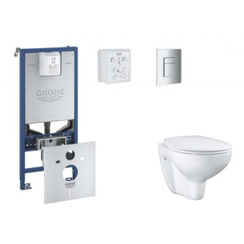 Tualetes poda komplekts Grohe Rapid SLX rāmis, Triple Vortex Rimless pods, Hromēta Skate Cosmopolitan poga un Soft Close vāku