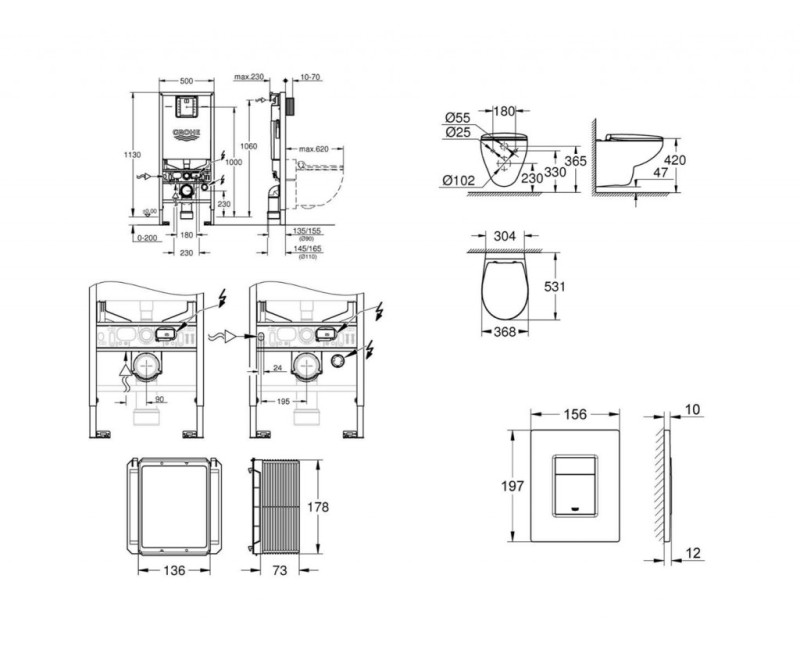 Комплект унитаза Grohe Rapid SLX с рамой, унитаз Triple Vortex Rimless, кнопка Chrome Skate Cosmopolitan и крышка Soft Close