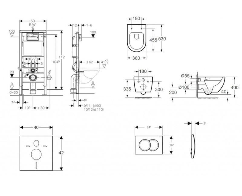 Комплект для унитаза Duofix с рамой и Rimfree унитазом Oudee с крышкой SoftClose, кнопка Delta01 Chrome
