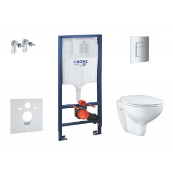 Tualetes poda komplekts Grohe Solido rāmis, Bau Ceramic Rimless pods, Hromēta poga un Soft Close vāku