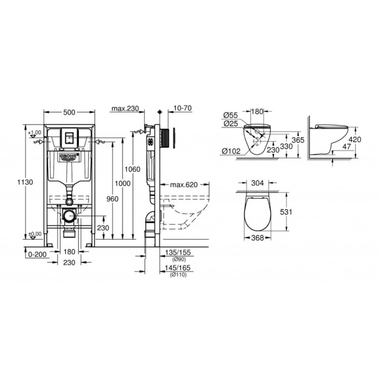 Tualetes poda komplekts Grohe Solido rāmis, Bau Ceramic Rimless pods, Hromēta poga un Soft Close vāku Tualetes poda komplekts Grohe Solido rāmis, Bau Ceramic Rimless pods, Hromēta poga un Soft Close vāku
