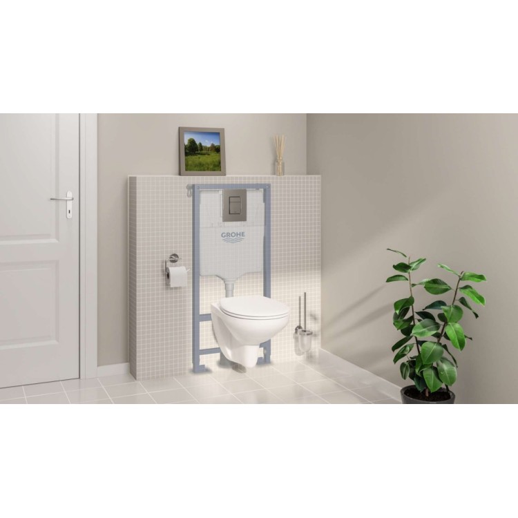 Tualetes poda komplekts Grohe Solido rāmis, Bau Ceramic Rimless pods, Hromēta poga un Soft Close vāku Tualetes poda komplekts Grohe Solido rāmis, Bau Ceramic Rimless pods, Hromēta poga un Soft Close vāku