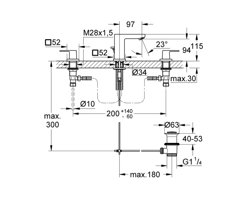 Grohe Eurocube S-Size смеситель для раковины с pop up клапаном, 3 выхода, матовый Hard Graphite 20351AL0