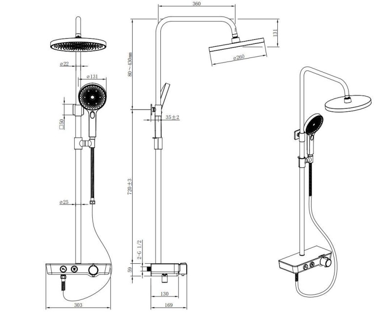 Dušas sistēma Kielle Oudee ar termostatu, 3 strūklas Hromēts/Balts/Melna 20602000