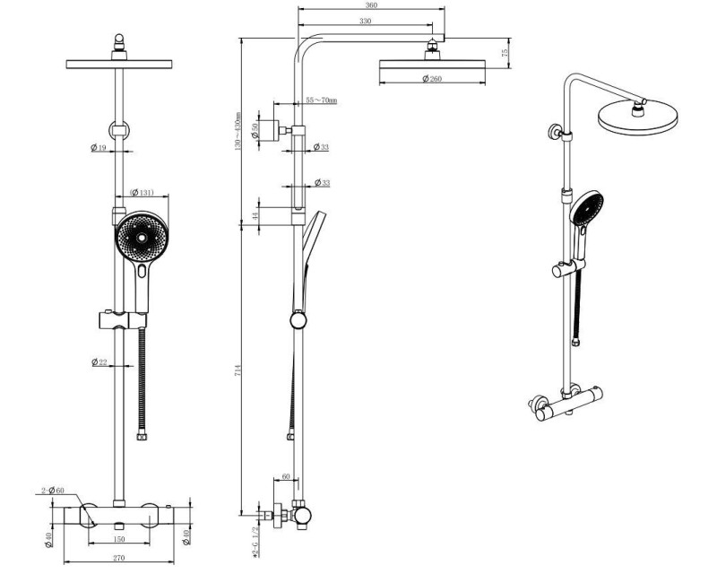 Dušas sistēma Kielle Oudee ar termostatu, 3 strūklas Hromēts 20602010