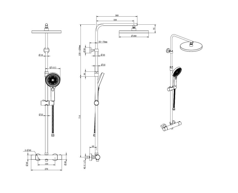 Душевая система Kielle Oudee с термостатом, 3 струи Черный Матовый 20602014