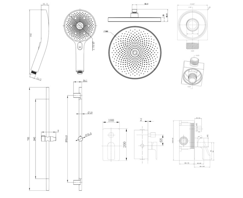 Dušas sistēma Kielle Vega iebūvējams, Melna Matēts 20618SP24