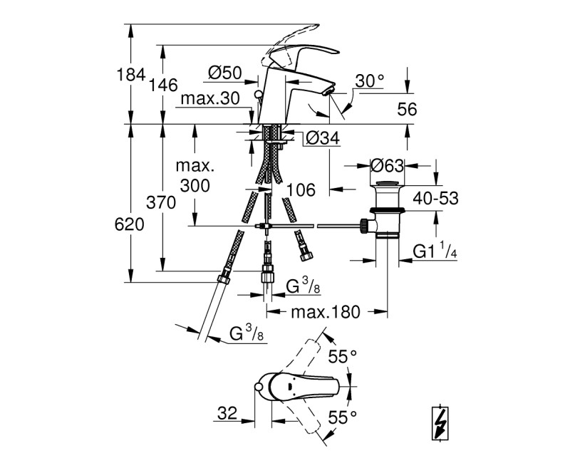 Grohe Eurosmart ES-Size смеситель для раковины с pop up клапаном, хром 23459002