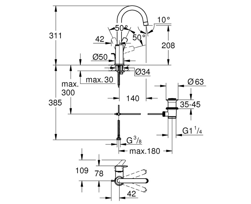 Grohe Eurosmart L-Size смеситель для раковины с pop up клапаном, хром 23537003