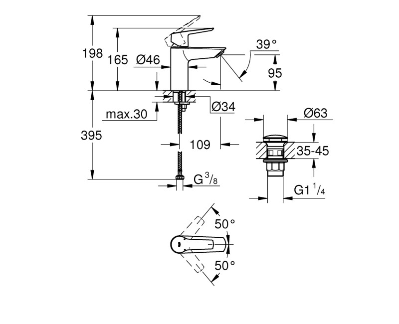 Vannas istabas Izlietnes maisītājs Grohe QuickFix Start S-Size ar Push-Open vārstu, hromēts 23550002