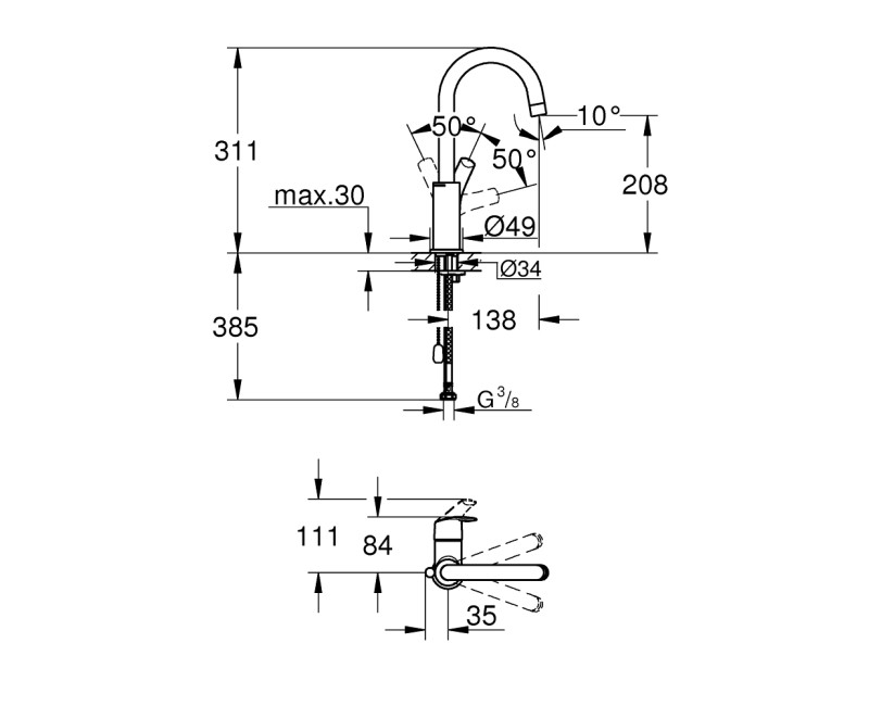 Смеситель для мойки ванной комнаты GROHE Eurosmart StarLight®, отделка, хром 23743002