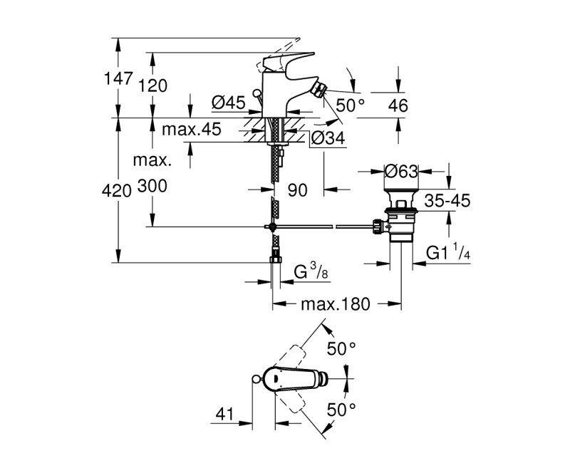 Смеситель для биде Grohe Start Flow с pop up клапаном, хром 23770000