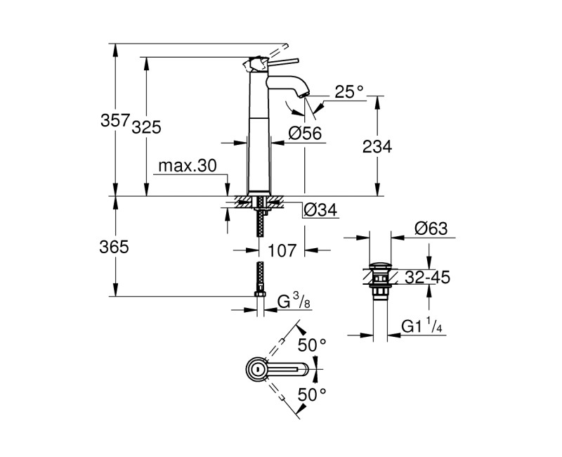 Vannas istabas Izlietnes maisītājs Grohe Start Classicar XL-Size Push-Open vārstu, hromēts 23784000