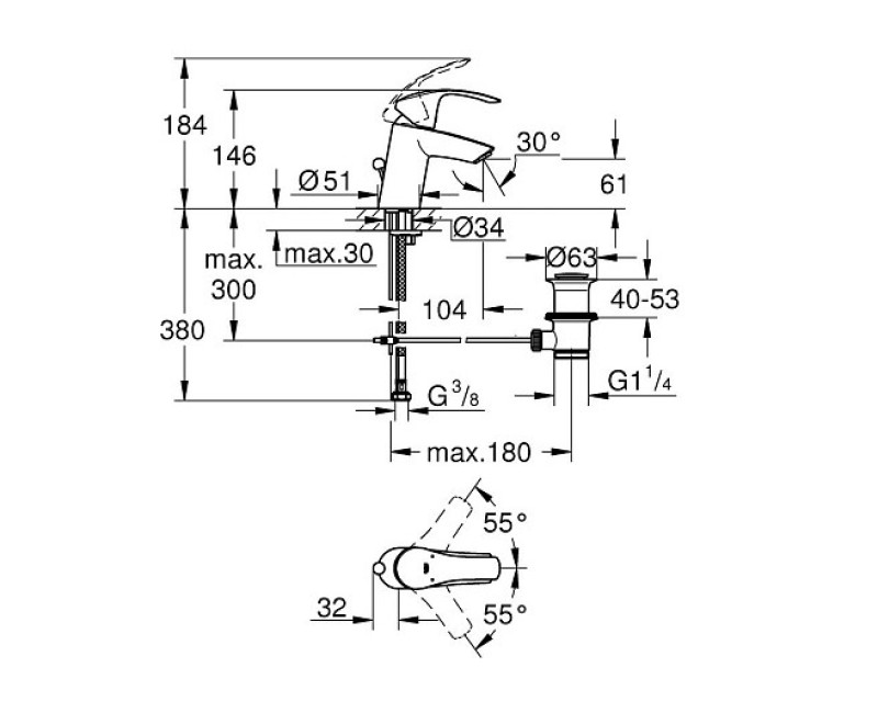 Grohe Eurosmart смеситель для раковины с pop up клапаном, хром 23788002