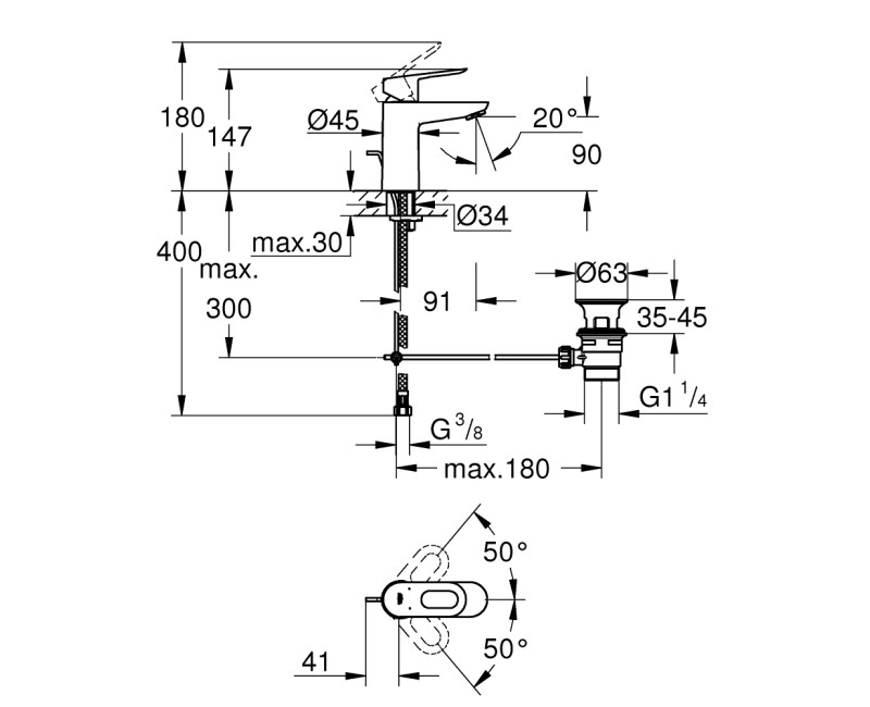 Смеситель для раковины Grohe BauLoop S-size с pop up клапаном, хром 23803000