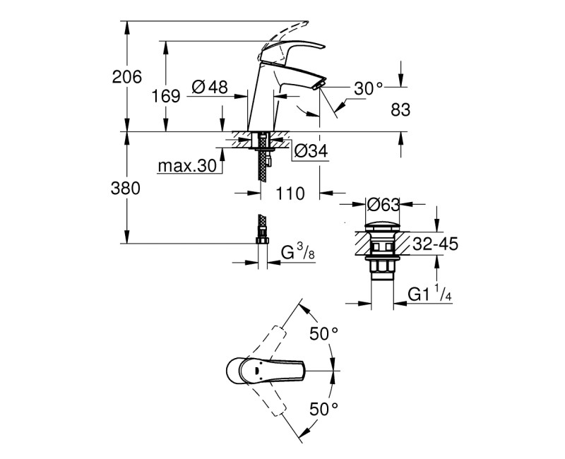 Vannas istabas Izlietnes maisītājs Grohe Eurosmart M-Size ar Push-Open vārstu, hromēts 23923002