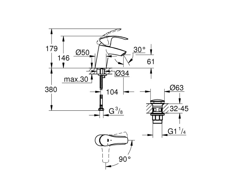 Grohe Eurosmart S-Size смеситель для раковины с клапаном Push-Open, хром 23924002