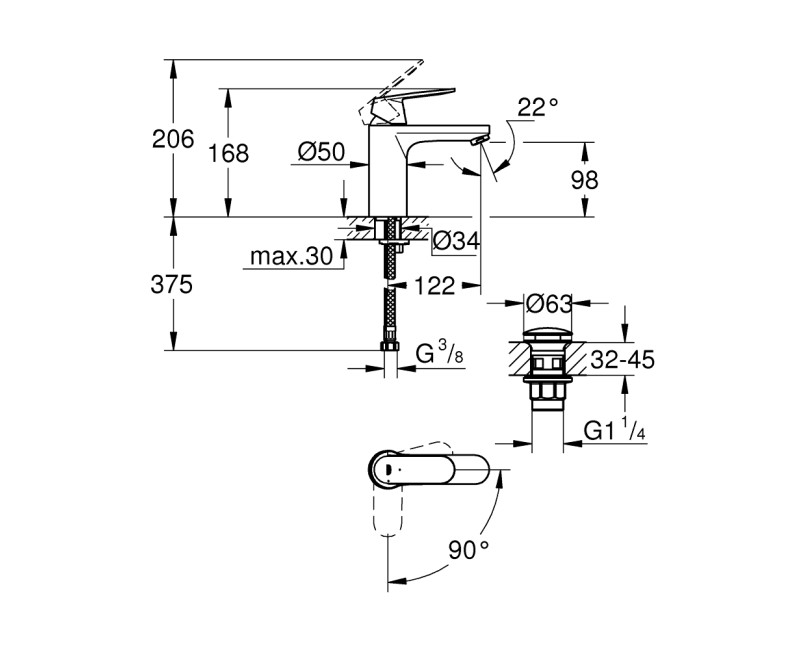 Grohe Eurosmart Cosmopolitan M-Size смеситель для раковины с клапаном Push-Open, хром 23928000