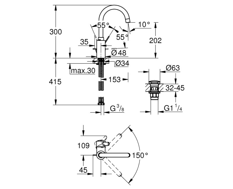 Grohe Eurosmart Cosmopolitan L-Size смеситель для раковины с клапаном Push-Open, хром 23933001