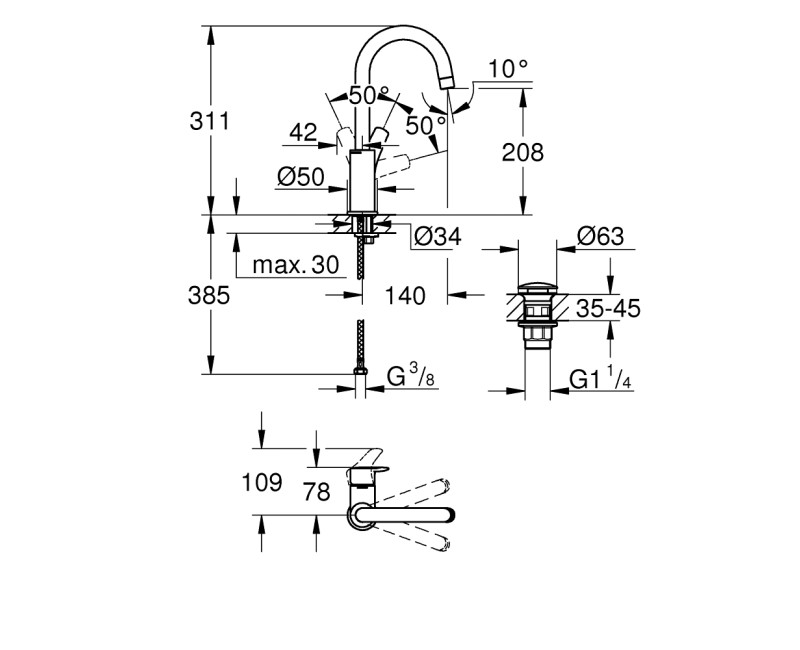 Grohe Eurosmart L-Size смеситель для раковины с клапаном Push-Open, хром 23970003