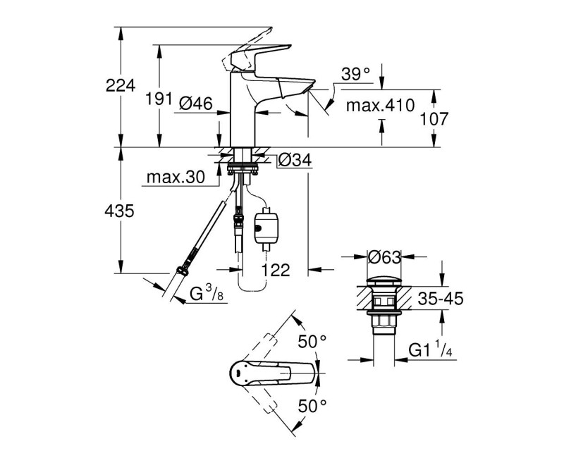 Vannas istabas Izlietnes maisītājs Grohe QuickFix Start  M-Size ar Izvelkamu galvu,  Push-Open vārstu, hromēts 24205003
