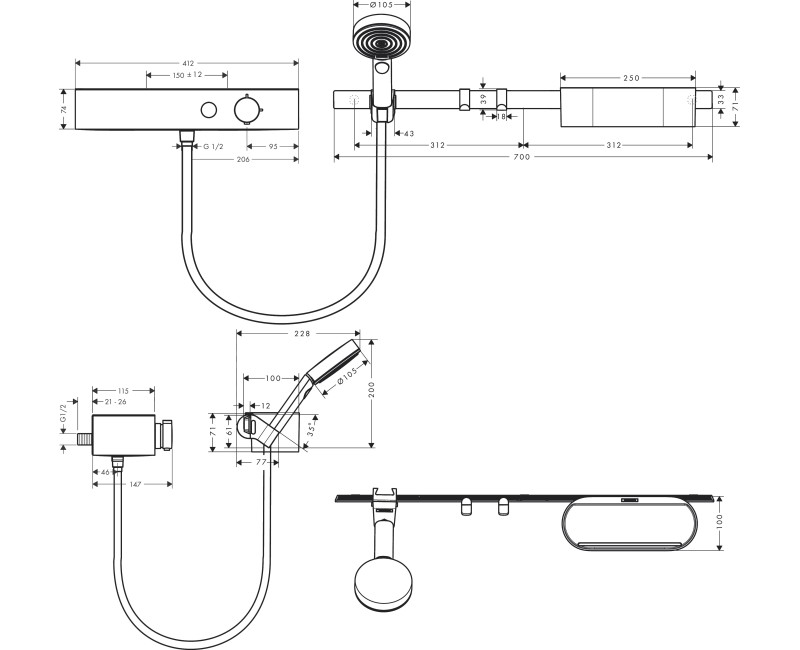 Душевая система Hansgrohe WallStoris Bundle ручной душ 105 3jet Активация EcoSmart с термостатом 24250700