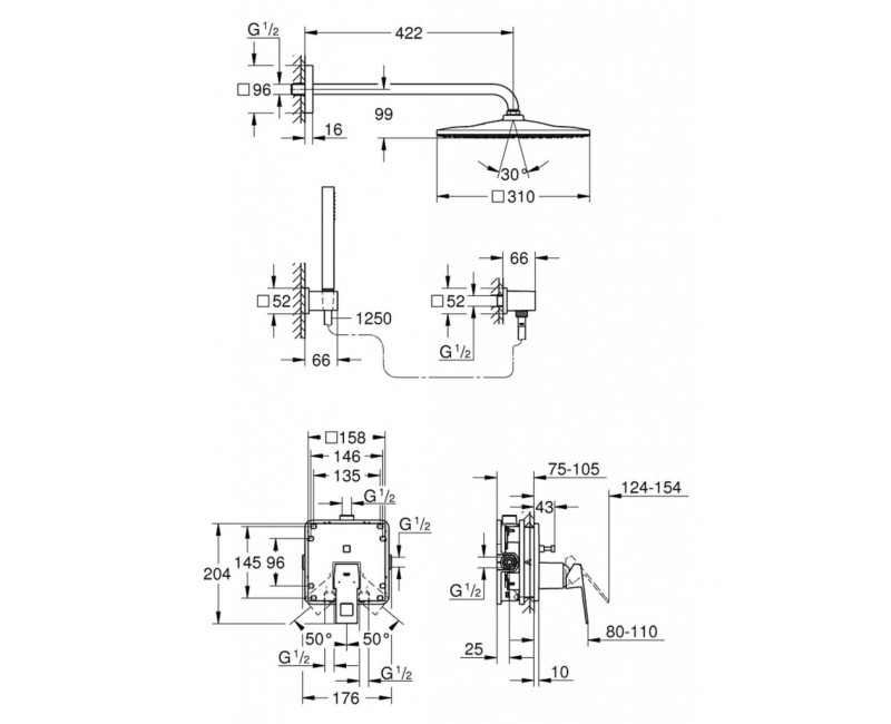 Dušas sistēma Grohe Eurocube 310 Cube 25238000 hromēts 25238000