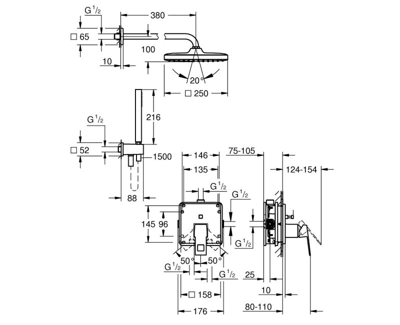 Душевая система Grohe Eurocube Tempesta 250 Cube встроенная, хром 25289000
