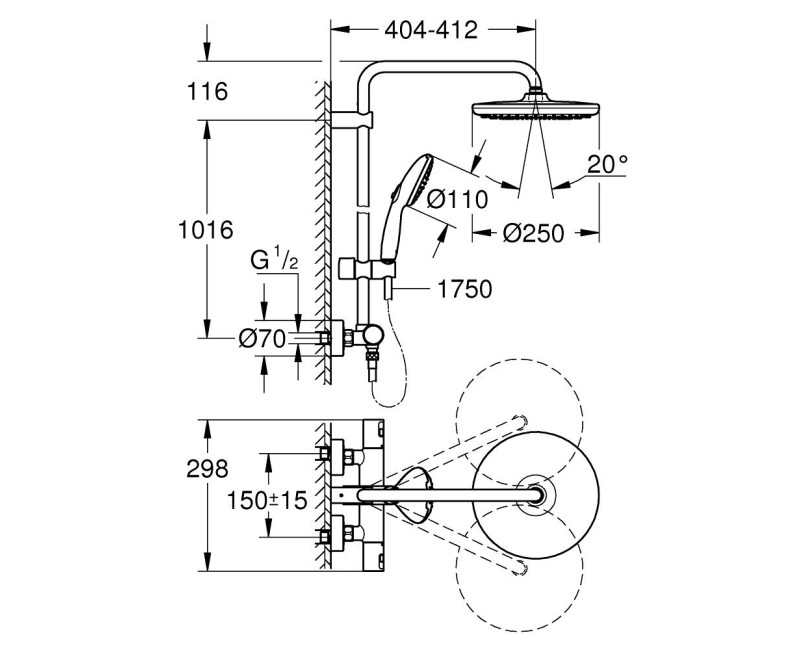 Dušas sistēma Grohe Vitalio Start System 250 ar termostatu 266772431 Melns matēts