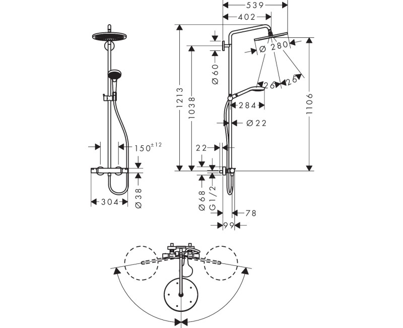 Dušas sistēma Hansgrohe Croma Select S Showerpipe 280 1jet EcoSmart ar termostatu 26794000 hromēta