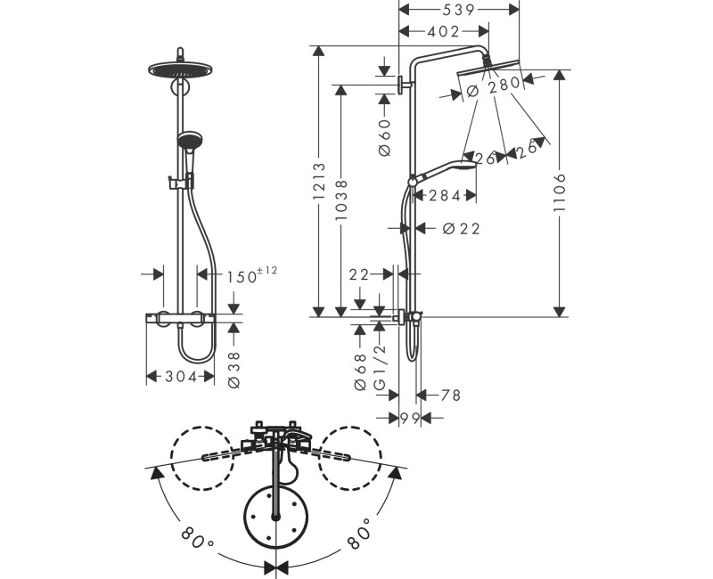 Душевая система Hansgrohe Croma Select S с термостатом, EcoSmart Raindance Select S 120 3jet Матовый черный хром 26891340