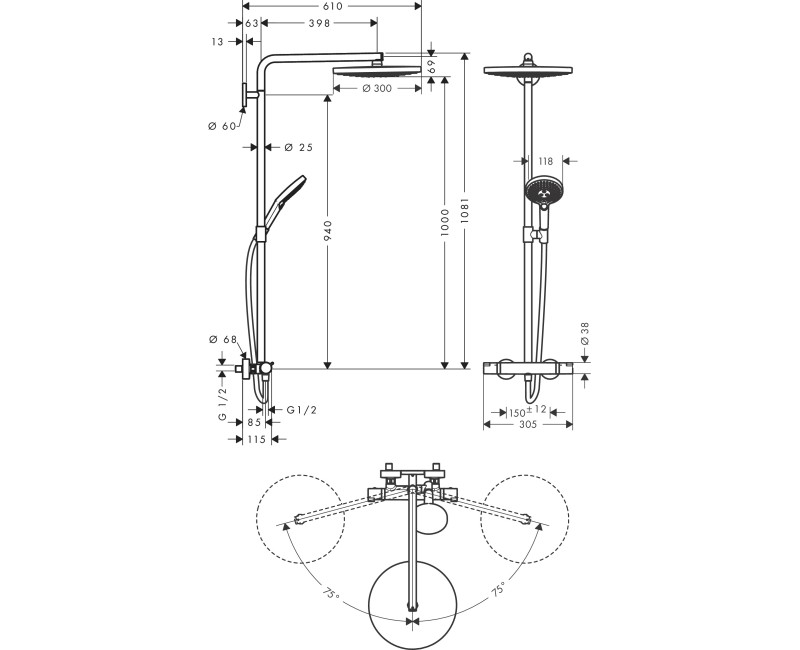 Душевая система Hansgrohe Raindance Select S Showerpipe 300 2jet С термостатом 27133000 Хром