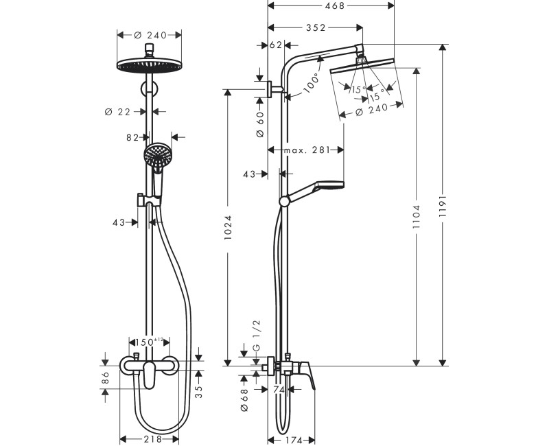Dušas sistēma Hansgrohe Crometta S Showerpipe 240 1jet  27269000 hromēts