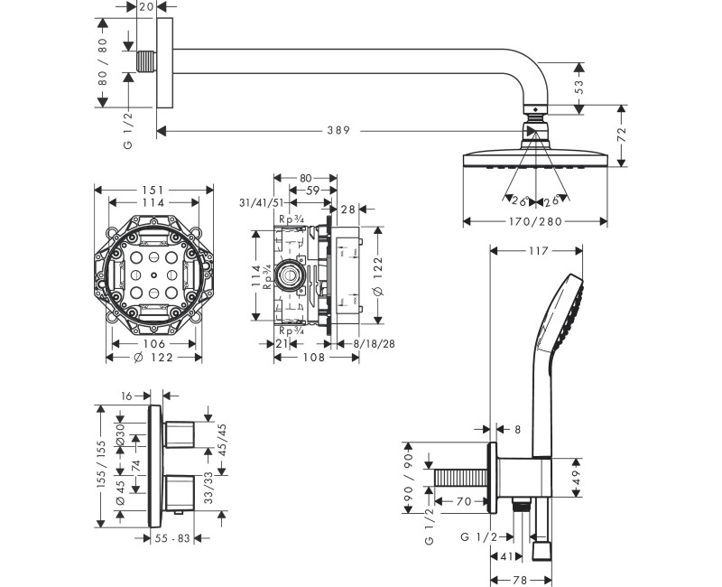 Dušas sistēma Hansgrohe Croma E 280 1jet ar termostatu Ecostat E 27953000 Hromēts