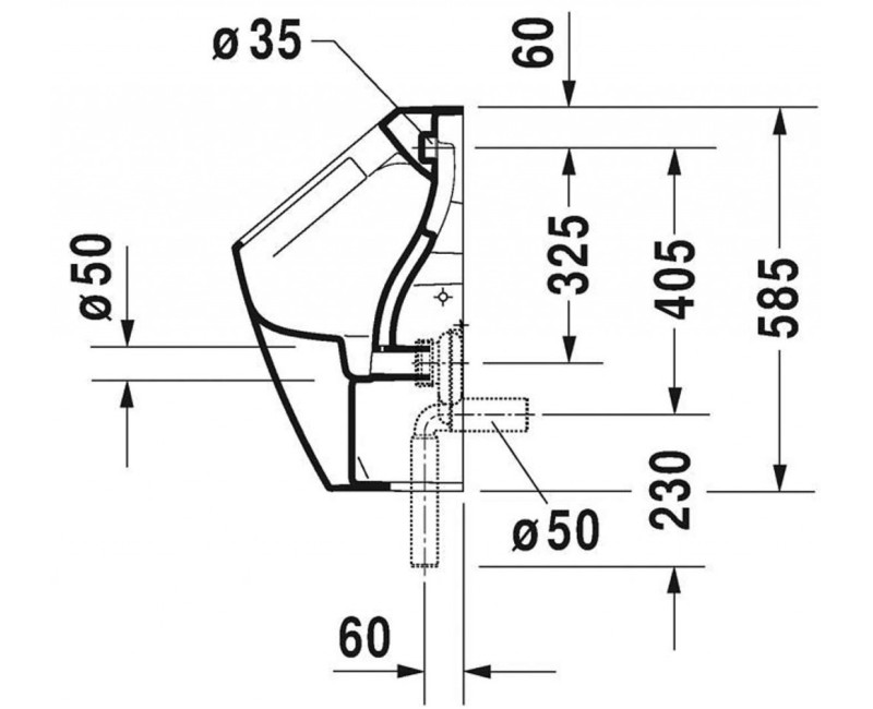 Писсуар Duravit ME от Starck Rimfree, вход сзади, белый