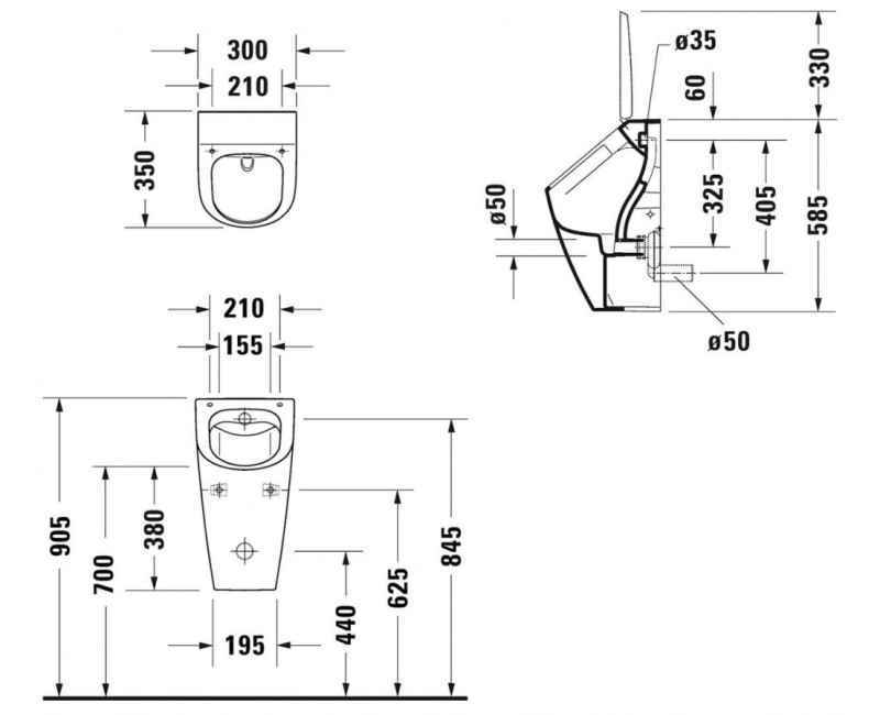 Писсуар Duravit ME от Starck Rimfree, вход сзади, белый