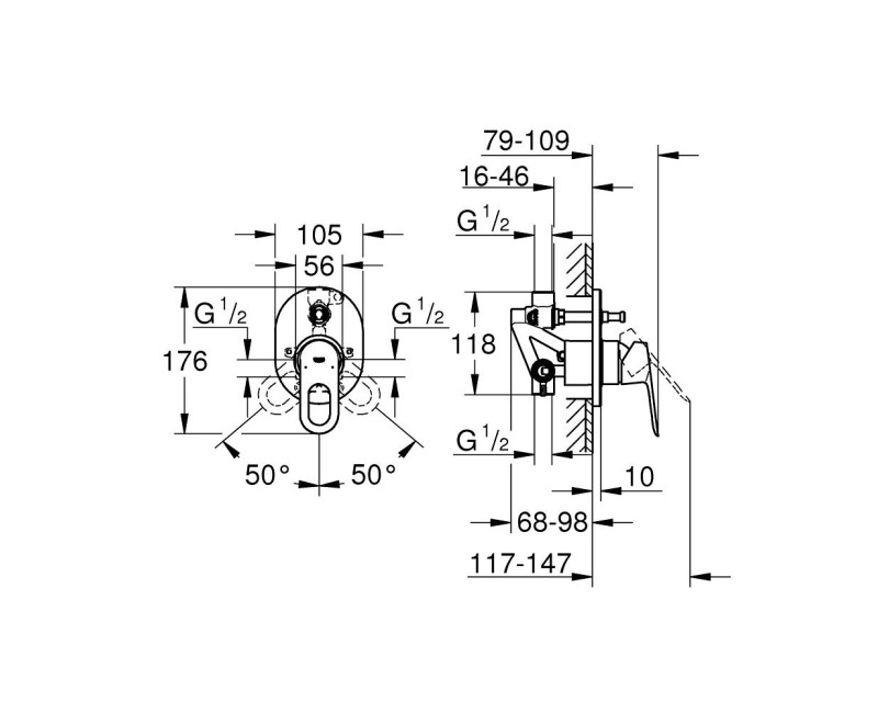 Смеситель для ванны/душа Grohe BauEdge встраиваемый, хром 29041000
