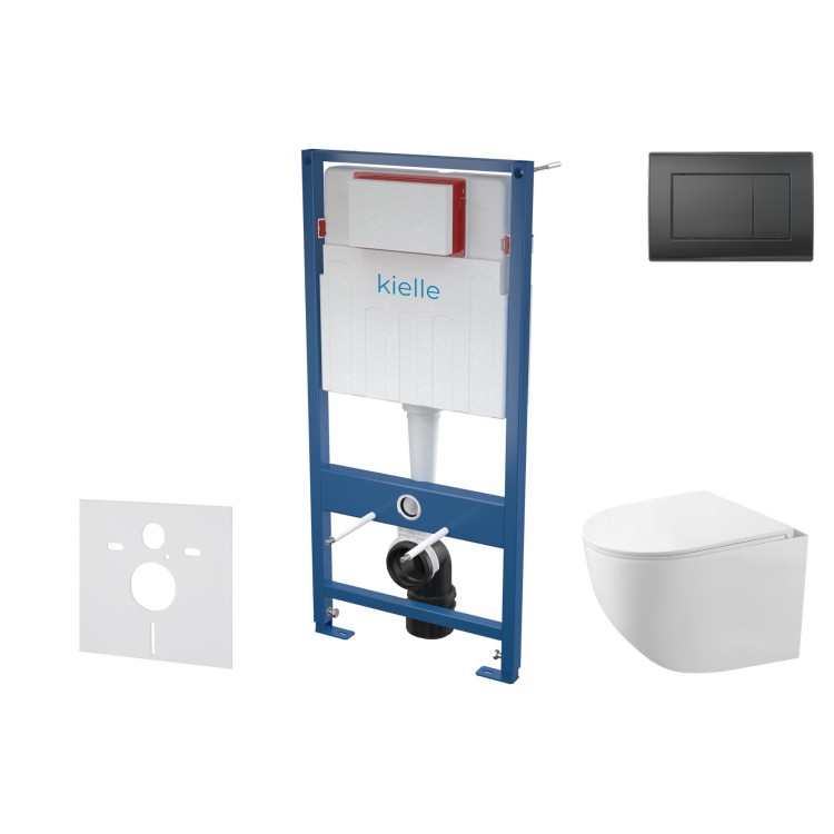 Tualetes poda komplekts Kielle Genesis piekaramais pods Gaia Rimless, rāmis ar Melnu pogu Gemini III un SoftClose Vāku Tualetes poda komplekts Kielle Genesis piekaramais pods Gaia Rimless, rāmis ar Melnu pogu Gemini III un SoftClose Vāku